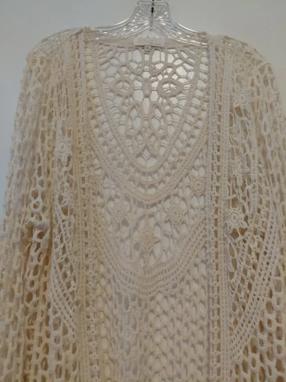 Rebellion Again Crochet Knit Open Front Cardigan Boho Beach Festival Ivory Large - Picture 2 of 6